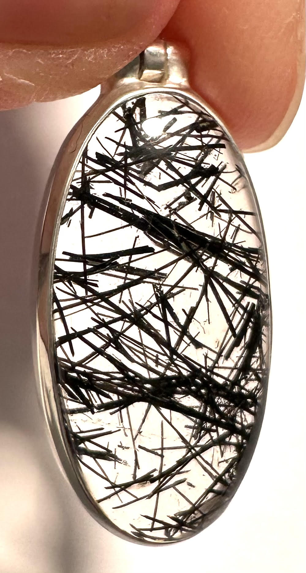 Black Rutile Oval Quartz Pendant Necklace – Sterling Silver SP7726