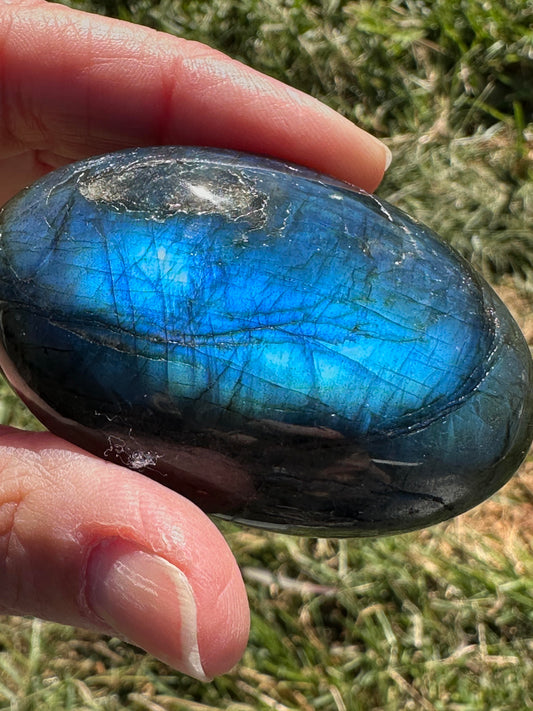 Blue Labradorite Palm Stone – Intense Blue Flash with Silver Sparkle #NC7985