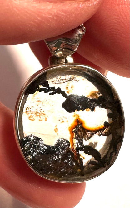 Rare Dendritic Quartz with Hematite Pendant Necklace-  Hinged Sterling Silver Bail – 18” Chain SP7724