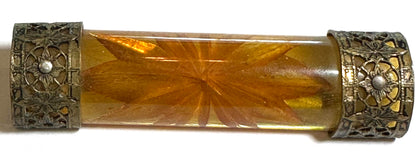 Rare Carved Apple Juice Bakelite Brooch with Ornate Filigree Mount 3 Inch One of a Kind #BAKE554