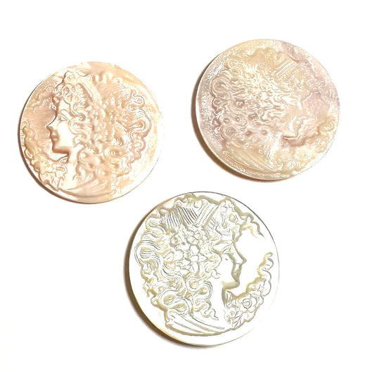Mother of Pearl Carved Cameo Cabochons – Vintage Vault Finds – 25mm Round Item #SP7840