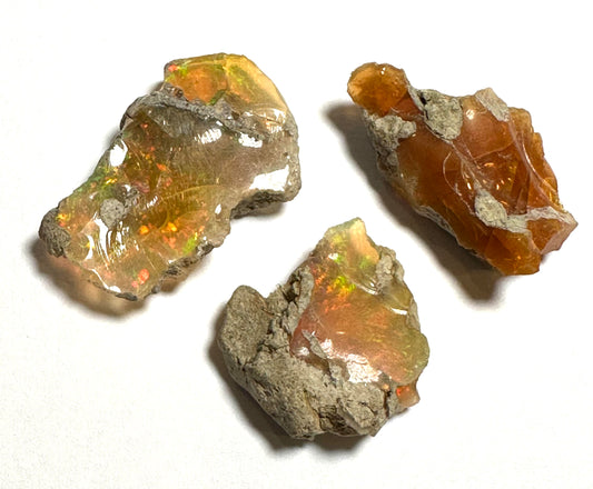 Rough Welo Ethiopian Opal in Matrix – Orange, Green & Red Fire, 3-Piece Set #NC7998
