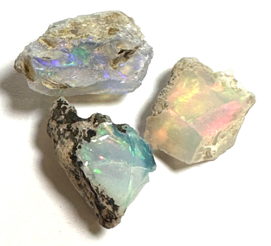 Rough Welo Ethiopian Opal in Matrix – Blue, Green & Orange Fire, 3-Piece Set #NC8000