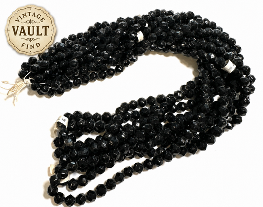 Vintage Japanese Tin Cut Jet Glass Beads | 6mm | 6-Strand Hank | Made in Japan | Old Warehouse Stock GB7877