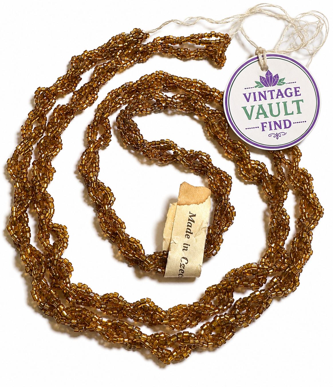 Vintage Czechoslovakian Braided Gold Glass Seed Bead Embellishment with Original Tag 30 Inch #VB104