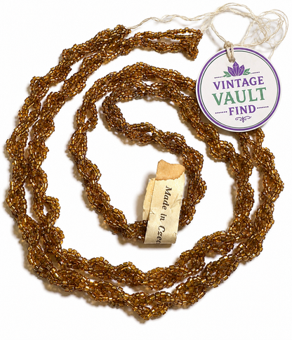 Vintage Czechoslovakian Braided Gold Glass Seed Bead Embellishment with Original Tag 30 Inch #VB104