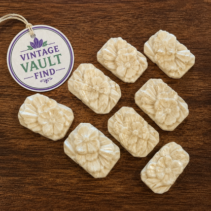 Vintage German Ivory Floral Glass Cabochons 19 x 25mm Lot of 8 #VB107