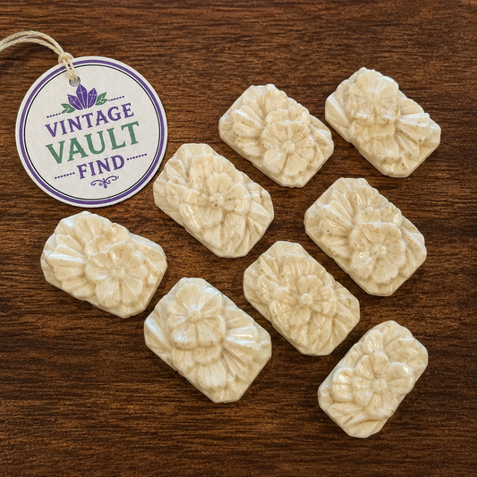Vintage German Ivory Floral Glass Cabochons 19 x 25mm Lot of 8 #VB107
