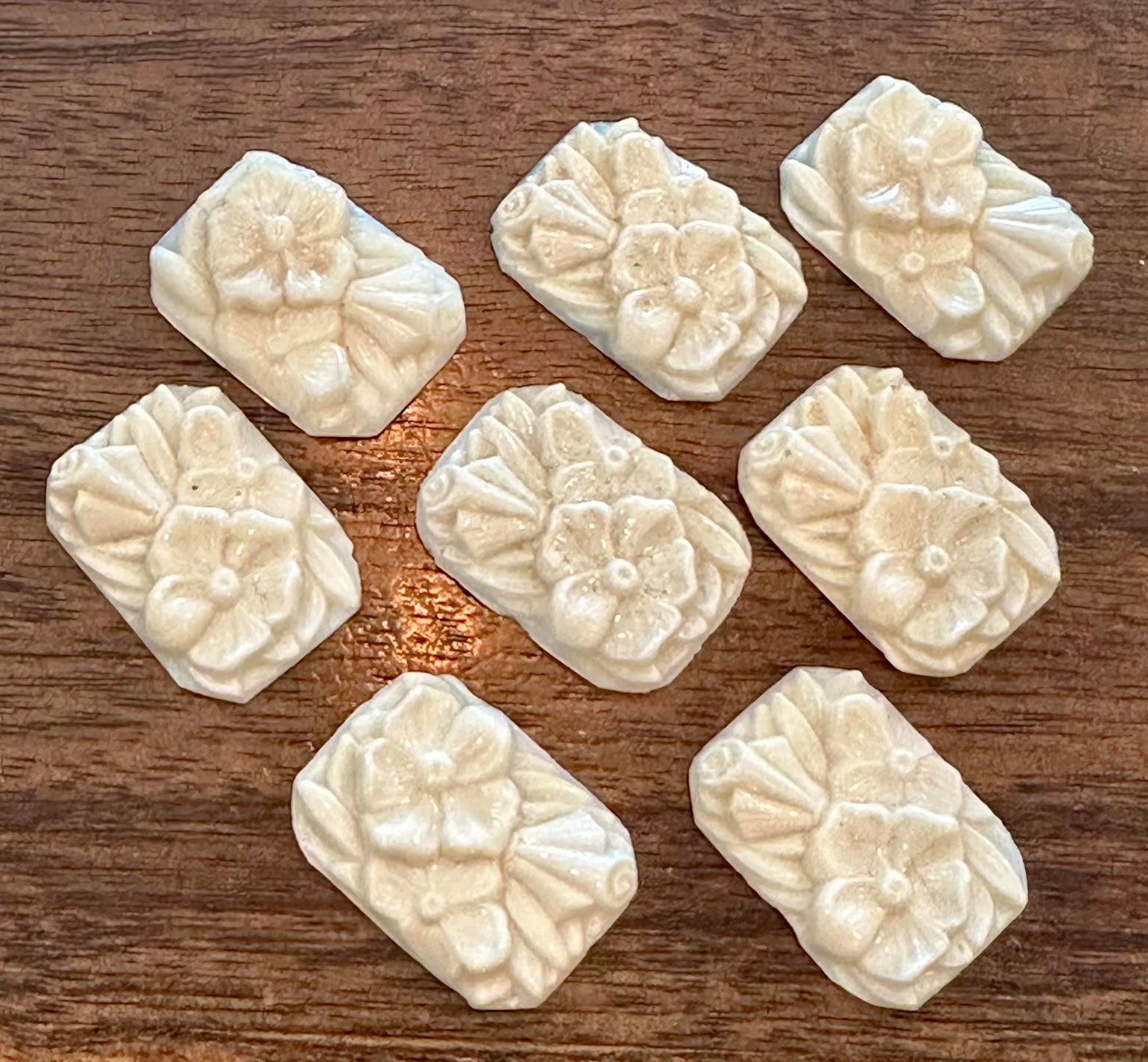 Vintage German Ivory Floral Glass Cabochons 19 x 25mm Lot of 8 #VB107