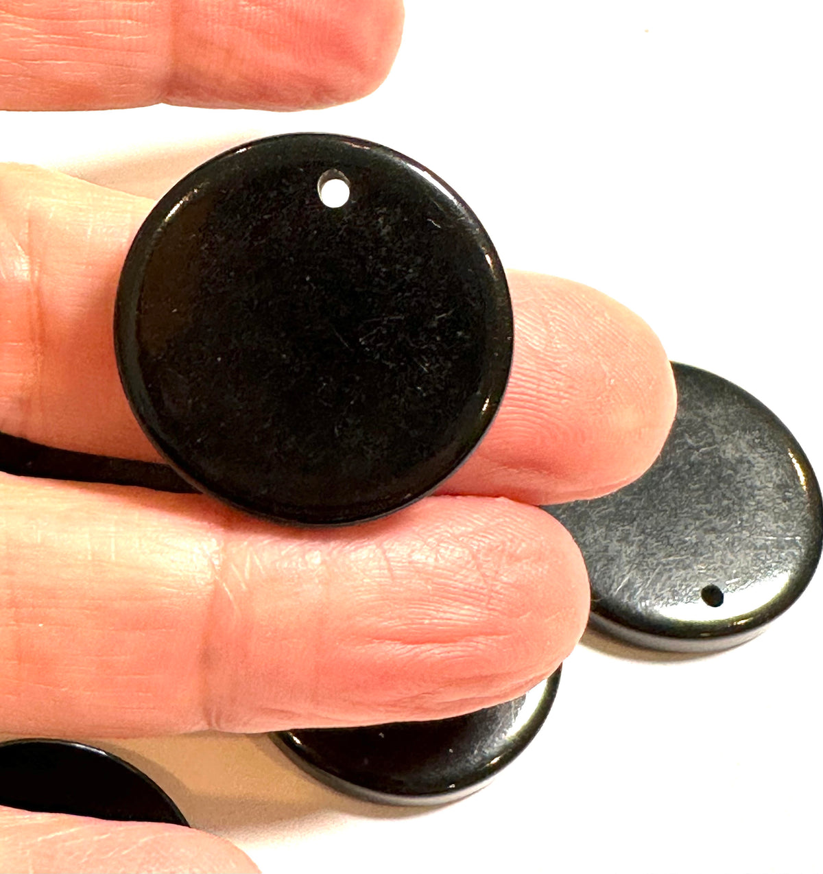 Vintage Vault Black Bakelite Disc Dangle Beads Hand Drilled 25mm #BAKE827