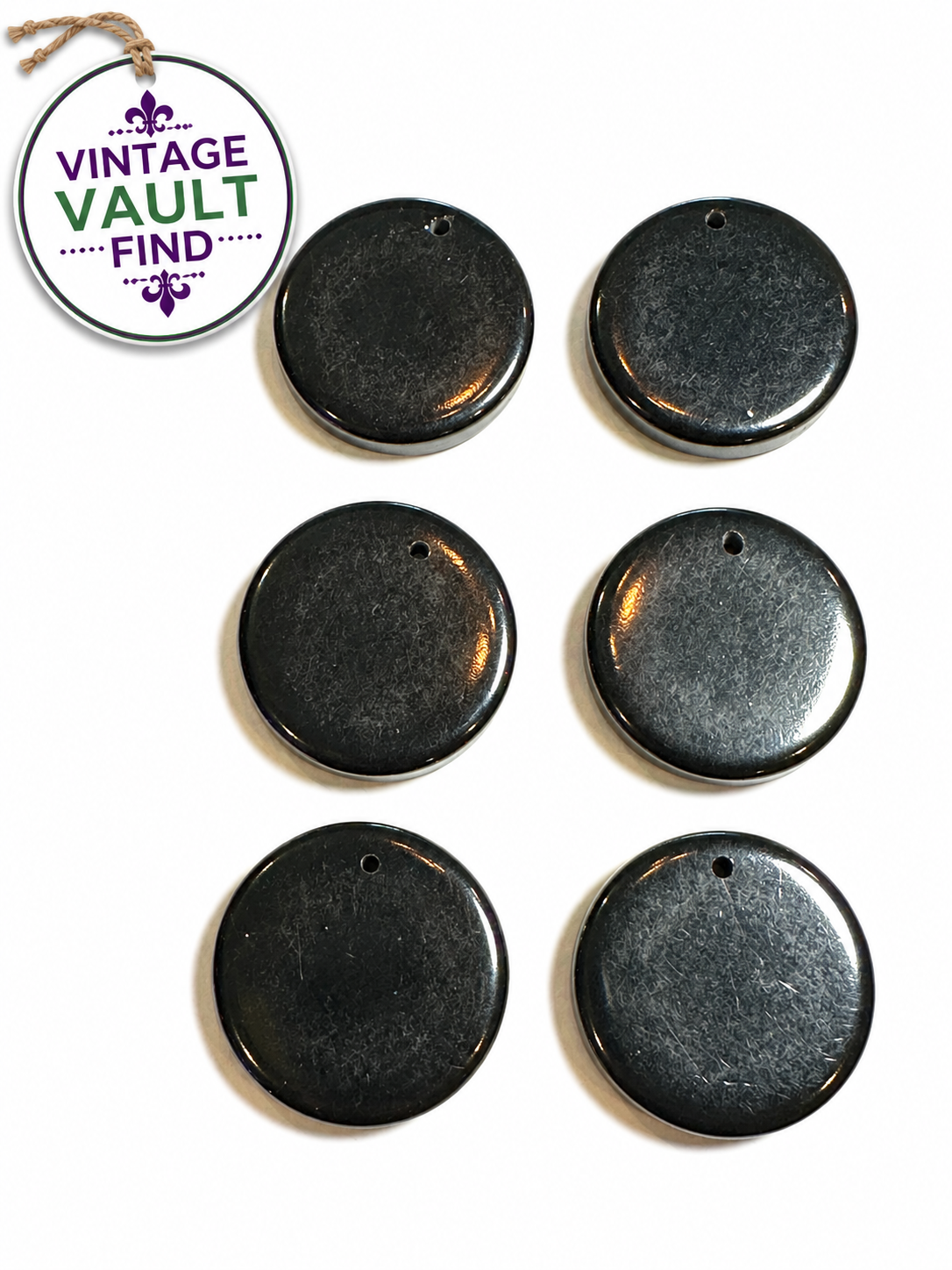 Vintage Vault Black Bakelite Disc Dangle Beads Hand Drilled 25mm #BAKE827