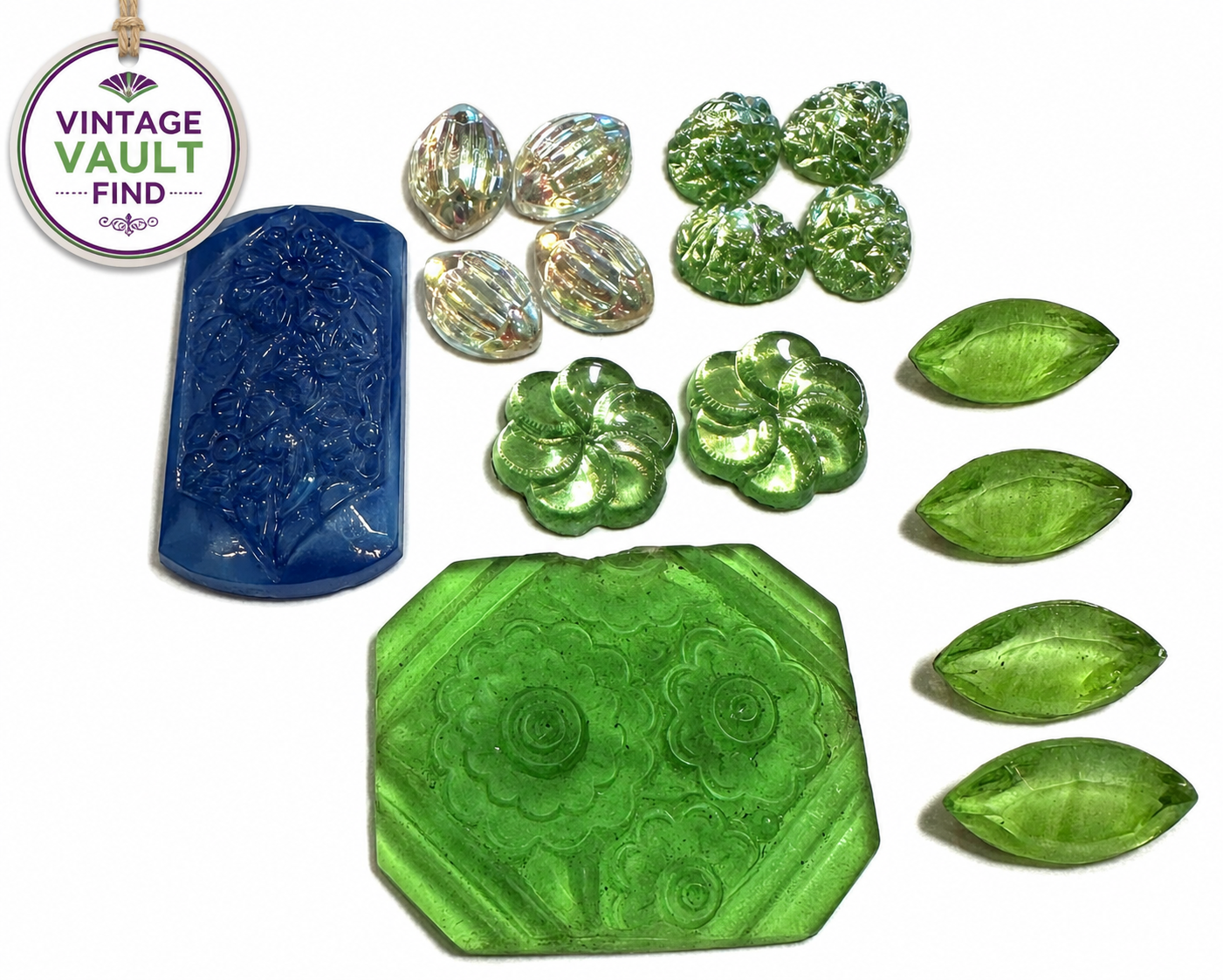 Vintage Glass Cabochon Collection with Green Foil Back Navettes West German Vintage Lot #VB116