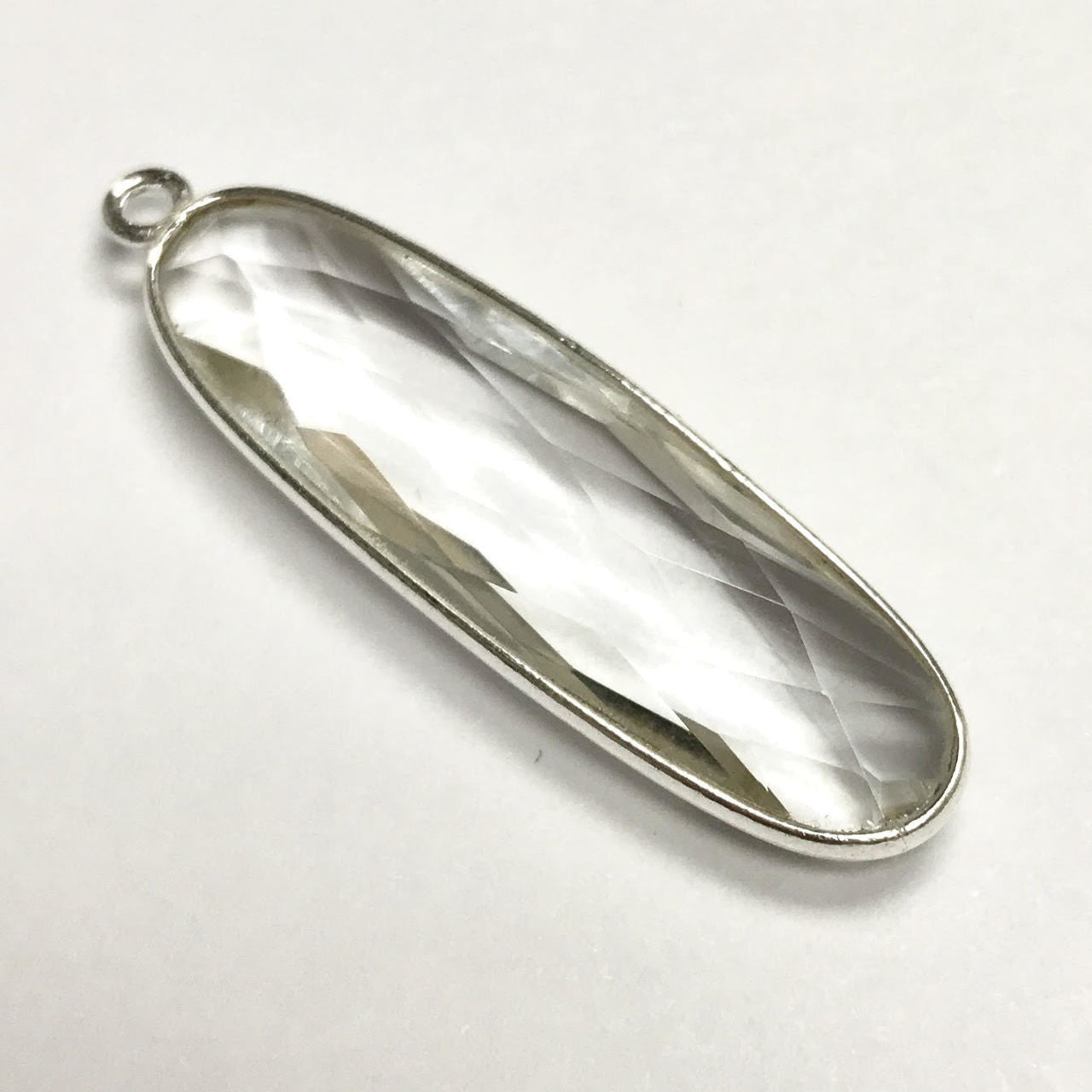 Faceted Crystal Quartz Silver Oval Bezeled Focal Bead  35 x 10mm