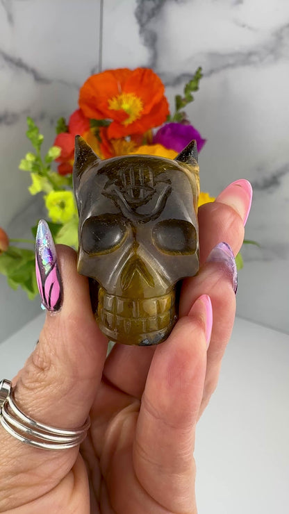 Rare Angel #666 Tigers Eye Skull Master Carved by Vikas Meena  1 1/4" x 1 1/4 " NC76224