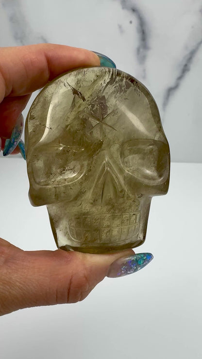 Master Carved Smokey Quartz Angel #888 Standing Palm Skull  2 1/4" x 3/4 x 2 3/4" NC7645