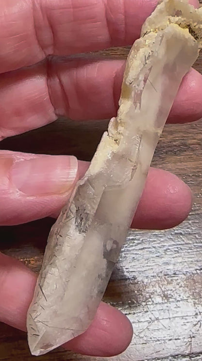 Natural Diamantina Quartz Crystal Point with Black Tourmaline Rutile, Snow White Lodalite 4" length #NC5960