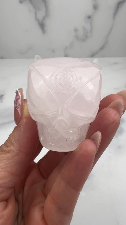 Master Carved Rose Quartz Cosmic Angel Skull #777 1 3/4 x 2" - NC7682