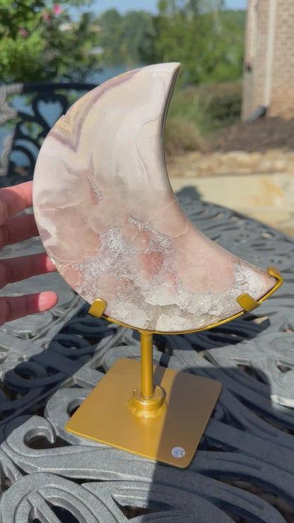 Large 1.49 kg Brazilian Pink Amethyst Moon on Spinning Stand #NC7950