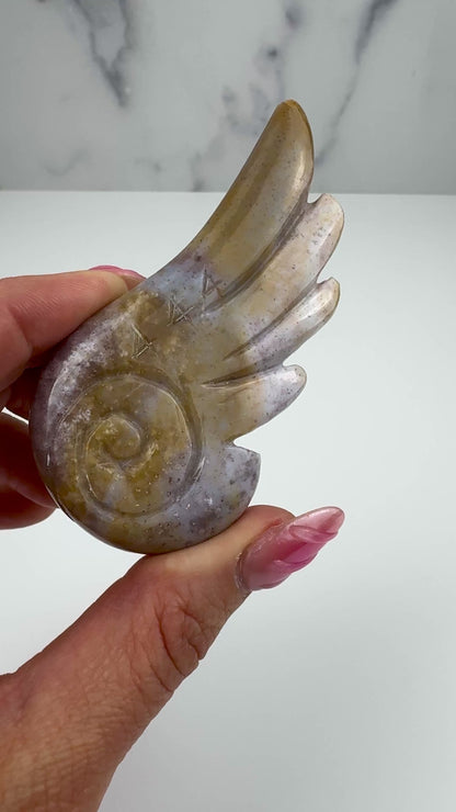 Master Carved Ocean Agate Angel Wing #444 3 1/4 x 1 1/2" NC7668