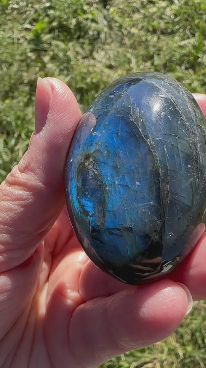 Blue Labradorite Palm Stone – Intense Blue Flash with Silver Sparkle #NC7985