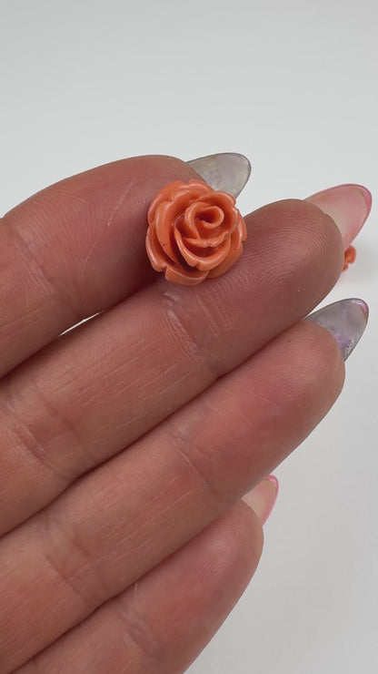 Hand Carved Italian Coral Half Drilled Rose Pair 12mm-SP7640