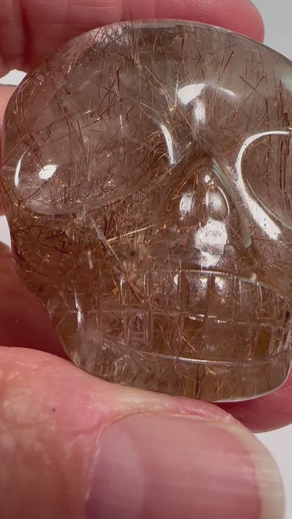 Red Rutile Quartz Magical Child Pocket Palm Stone Skull Master Carved by Leandro D'Souza 2 1/8 Inches #NC7943