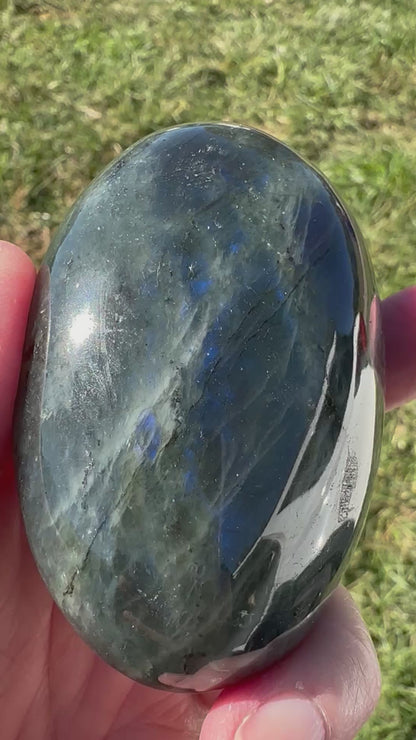Blue Labradorite Palm Stone with Blue & Silver Flash #NC7987