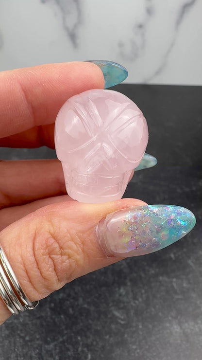 Master Carved Rose Quartz Cosmic Angel Skull #111 23 x 26x 26mm NC7718