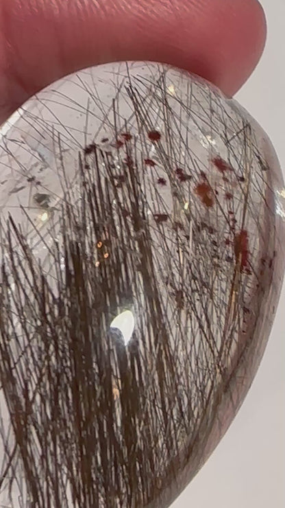 High Quality Brazilian Rutile Quartz Cabochon with Golden Rutile, Rainbow and Flash 28 × 45 mm #CAB7940