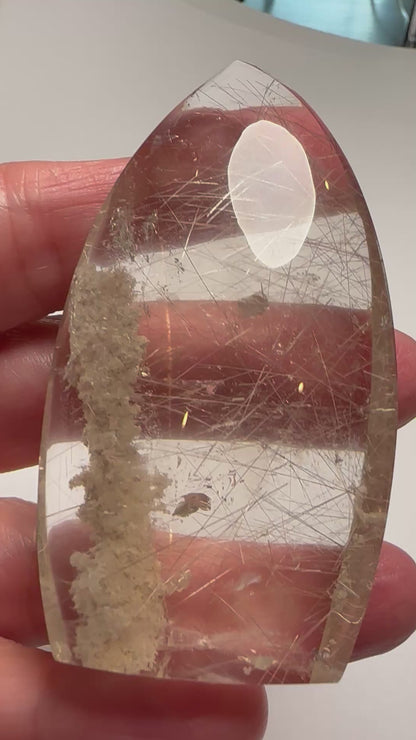 Collector Grade Champagne Smoky Quartz Flame with Silver Rutile & White Sparkling Lodolite Master Carved by Ney #NC7952