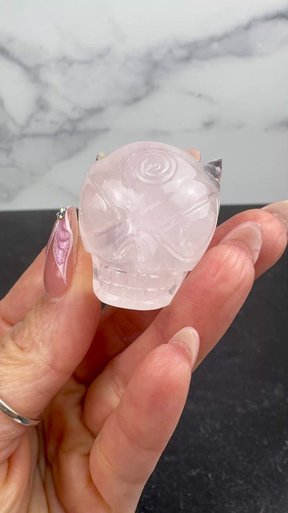 Master Carved Girasol Rose Quartz Cosmic Angel Skull #222 1 1/4 x 1 1/4 - NC7675
