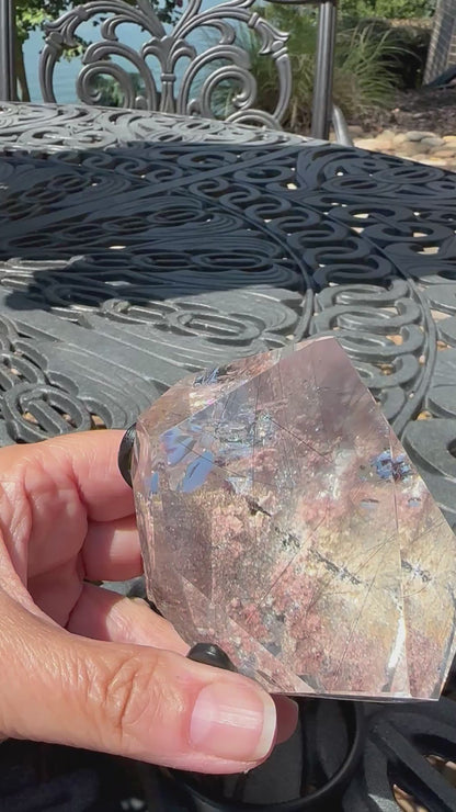 Rare Rainbow Rutilated Pink Lodolite Garden Quartz Crystal Freeform 296g #NC7953