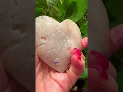 One of a Kind Pink Flower Agate with Druzy Carved Heart Stone-3 1/2 x 3 x 1/2"