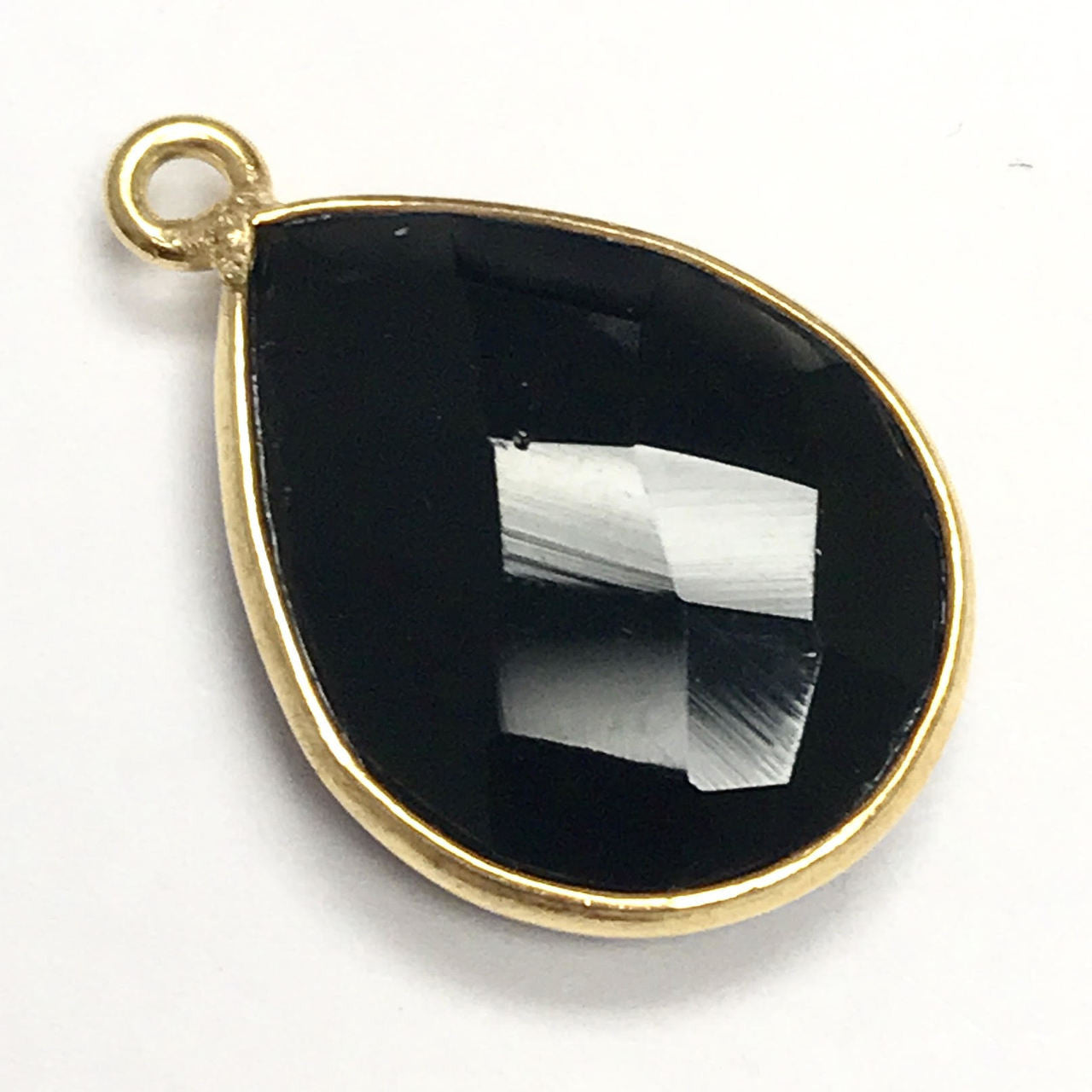 Faceted Black Onyx Gold Filled Bezeled Drop Focal Bead 13 x 17mm